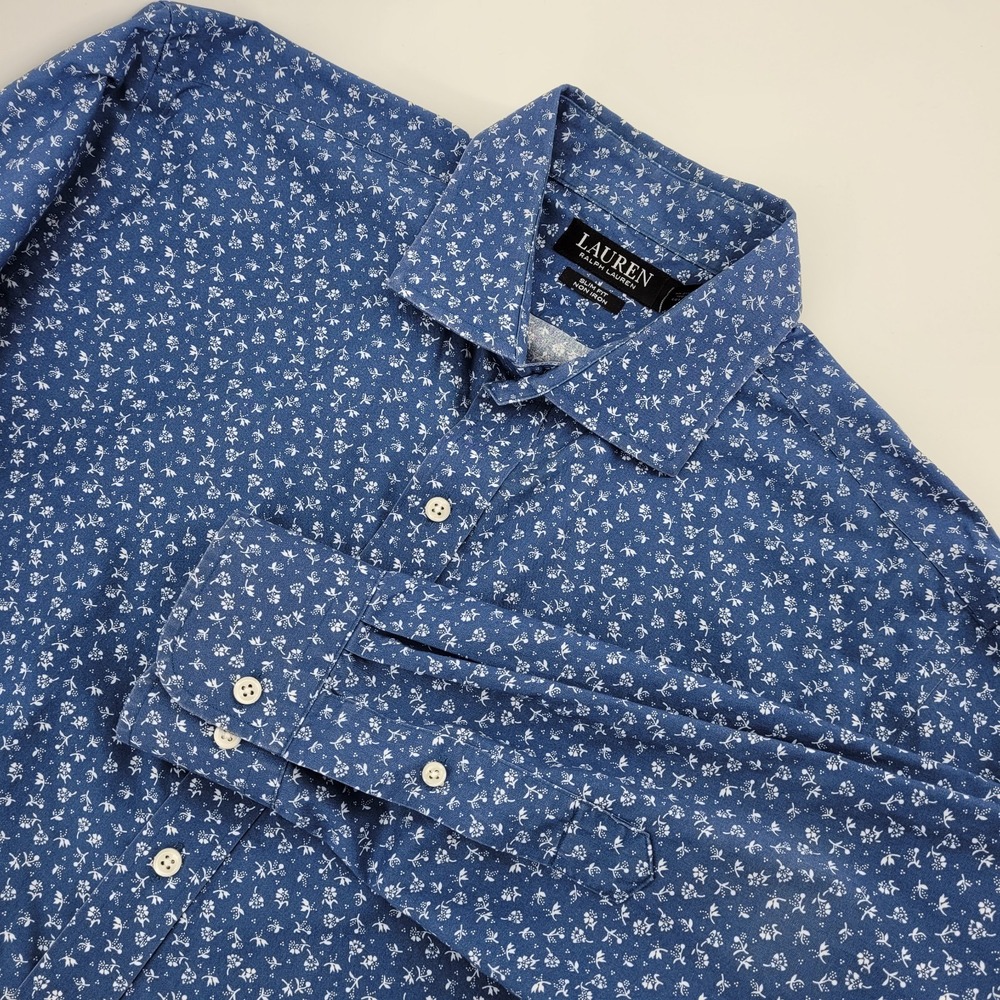 Lauren Ralph Lauren Mens L 16.5 34/35 Slim Fit Office Blue Floral Dress Shirt